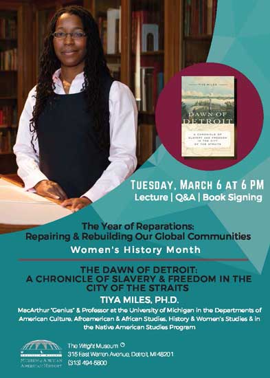 Tiya Miles with book in the background on teal blue and maroon poster