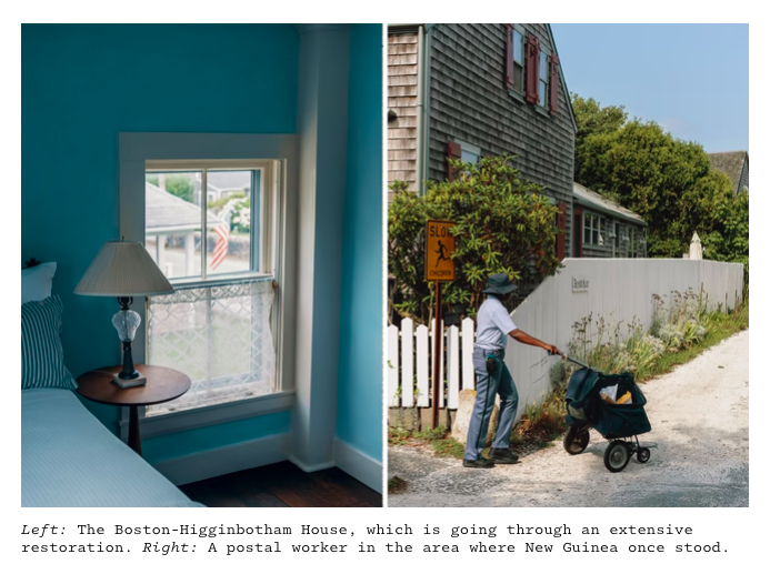 Left: The Boston-Higginbotham House, which is going through an extensive restoration. Right: A postal worker in the area where New Guinea once stood. Photographs by Amani Willett